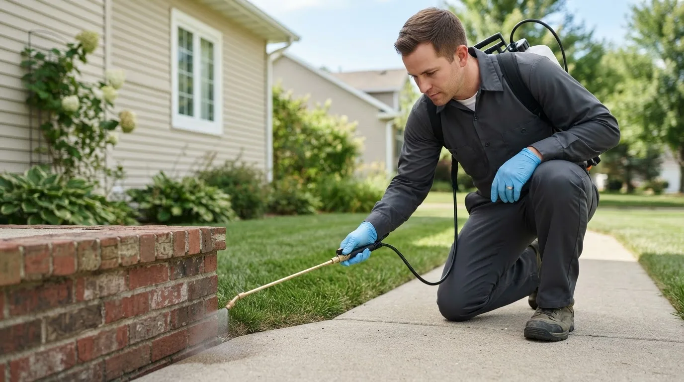 Pest control technician treating a home near Milliken, CO